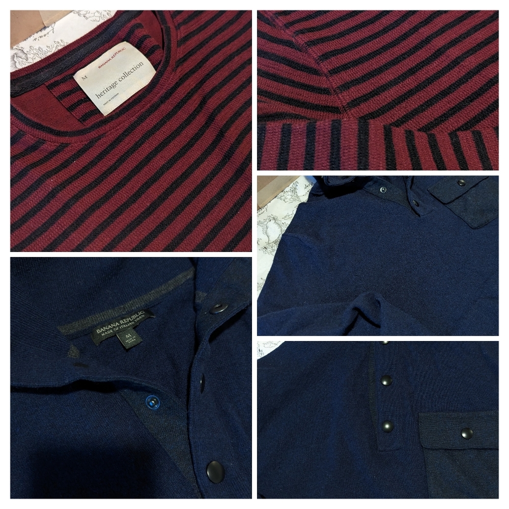 Two Banana Republic Sweaters. Size M. Navy blue & Red/Black stripes.